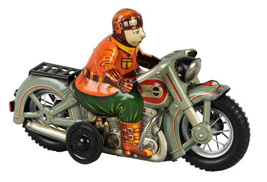 Tin Harley-Davidson motorcycle friction toy made by I.Y. Metal Toys, Japan. Original license plate and headlight. Estimate $2,500-$5,000. Morphy Auctions image.