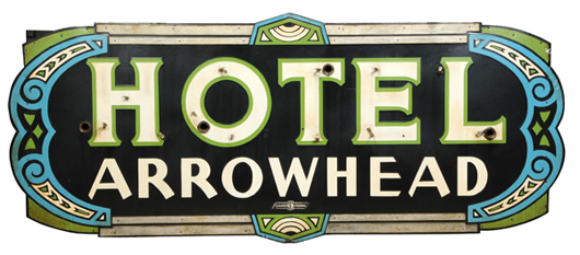 Porcelain Hotel Arrowhead double-sided neon sign, 98 by 40 inches, made by Claude Neon Federal Sign Co., requires replacement neon. Estimate $3,000-$5,000. Morphy Auctions image.