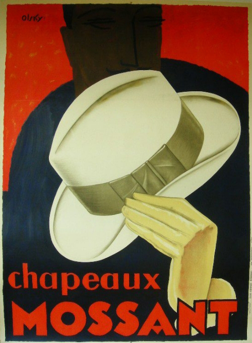 Olsky (dates unknown) 'Chapeaux Mossant,' original poster printed by Vercasson, 1928, 60 inches by 46 1/2 inches, estimate: $2,250-$3,000. Image courtesy Onslow Auctioneers.