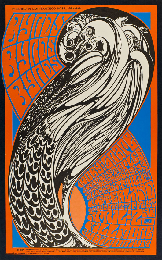 Artist: Wes Wilson; date:  April 1,2, 1967; venue: Winterland, San Francisco; performers: The Byrds, Moby Grape, Andrew Staples. Image courtesy collection of Houston Freeburg.