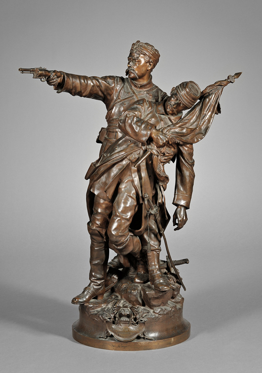 Jean-Louie Gregoire (French, 1850-1890).‘Two French Soldiers on the Field of Battle, La Defense Du Drapeau.’ This patriotic bronze was one of at least five different compositions the artist to protest the Prussia occupation of Alsace-Lorraine in 1870, estimate: $20,000-$30,000. Image courtesy of Skinner Inc.