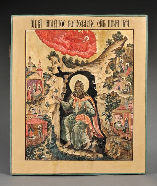 Large Russian icon of St. Elijah and scenes from his life, 19th century, likely taken from a iconostasis, with central depiction of the saint before the cave, surrounded by vignettes from his life, and his ascension in a fiery chariot to top, estimate: $4,000-$5,000. Image courtesy of Skinner Inc.