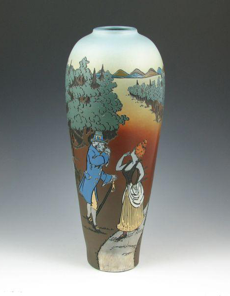 A man and woman in period dress are pictured in a country setting on this 15 1/4-inch-tall Weller Dickensware vase, which has a $2,500-$3,500 estimate. Image courtesy of Belhorn Auction Service.