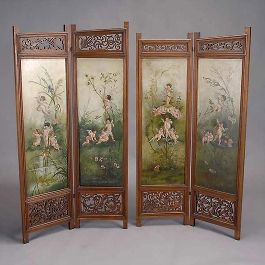 Putti frolic on the panels of this Victorian painted screen, which stands 64 inches high. Each wooden panel screen is 17 inches wide. The screen has a $1,000-$1,500 estimate. Image courtesy of Michaan’s Auctions.