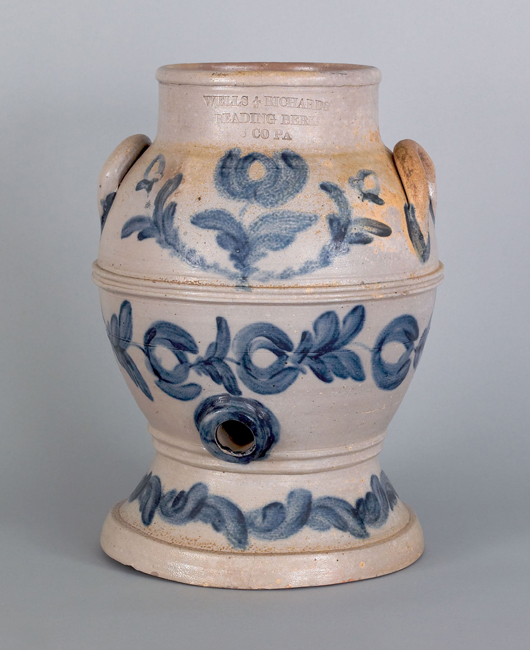 A clearly stamped mark by a Berks County maker added value to this decorated water cooler, which sold for $17,550 in an auction in April. Courtesy Pook & Pook.