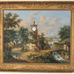 Children on a seesaw and other villagers are pictured on this picture clock. It is 33 by 44 inches, and has a working watch in the church steeple. This type of picture was known in the late 18th century, but was most popular in about 1850.