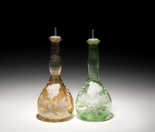 A Pair of enameled Cameo glass barber bottles sold for $160 in Cowan’s 2007 Shaving Mugs and Barbershop Collectibles Auction.