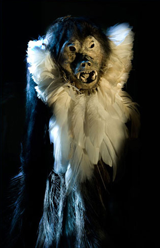 Argentina – animal mummy Howler monkey in feathered skirt. Archaologishes Landesmuseum, Scheswig.