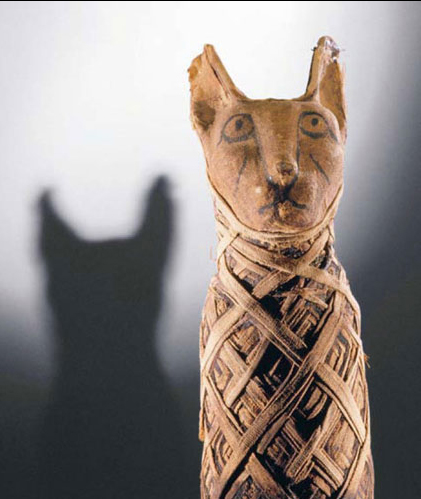Mummy of a cat, with colored bandages, Ptolemaic period, third to first century B.C., Egypt. Deutsches Museum, Munich, Germany.