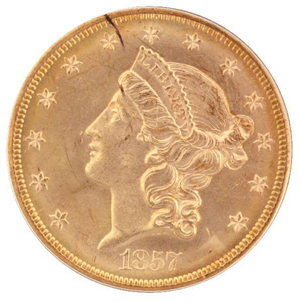 Recovered from the shipwreck known as the ‘Ship of Gold,’ this 1857-s Double Eagle is graded MS-65. The U.S. $20 gold piece is estimated at $14,000-$16,000. Image courtesy of Affiliated Auctions & Realty LLC.