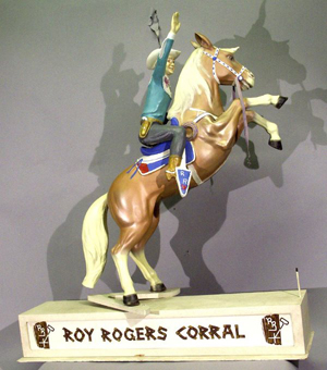 The beautiful palomino horse Trigger is an iconic symbol of American pop culture. His image was included in numerous licensed items associated with his owner, Roy Rogers. This 4-foot-tall plastic composition Sears store display featuring Roy Rogers on a rearing Trigger was auctioned for $10,350 on March 31, 2005 at Morphy Auctions. Image courtesy of LiveAuctioneers.com Archive and Morphy Auctions.