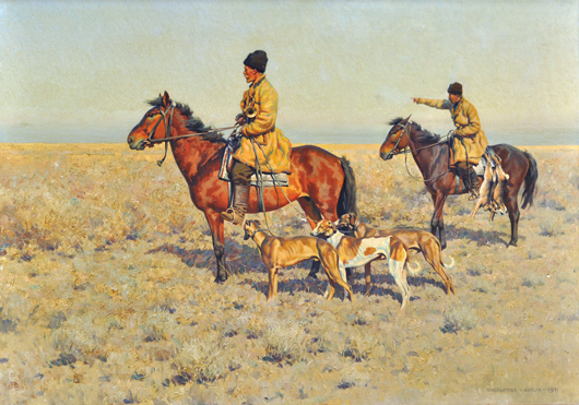 German artist Hugo Ungewitter (1869-1944) painted this framed oil on canvas showing riders hunting with dogs. It is expected to earn $10,000-$15,000. Image courtesy of Clars Auction Gallery.