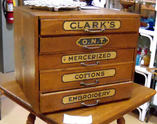 One of my favorite furniture names has to do with the invention of a stronger sewing thread by Clark Brothers in the 1860s. They couldn’t decide what to name it so they just called it "Our New Thread" and ONT showed up on their spool cabinets.
