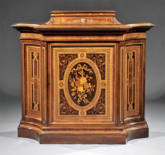 American Renaissance gilt-incised and inlaid rosewood parlor cabinet, circa 1870, attributed to Herter Bros., New York, height 46 3/4 inches, width 52 inches, depth 19 1/2 inches, estimate: $5,000-$7,000. Image courtesy of Neal Auction Co.