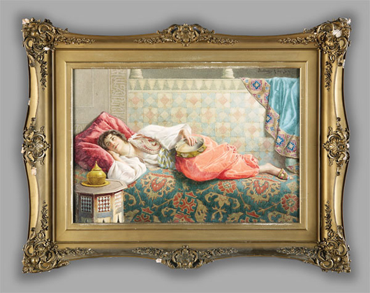 Francesco Ballesio (Italian, 1860-1923), ‘At Rest,’ watercolor, signed upper right, pencil-titled en verso, 18 inches by 24 inches, in a carved, gessoed, and giltwood frame, estimate: $12,000-$18,000. Image courtesy of Neal Auction Co.