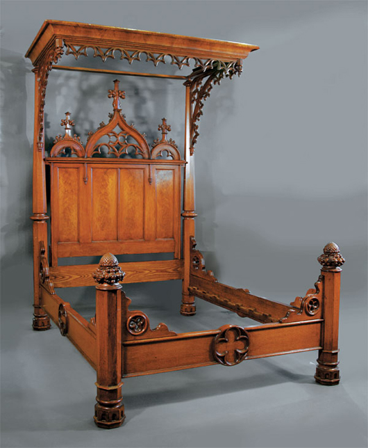 American Gothic carved oak half tester bed, circa 1840, probably Philadelphia, height 98 1/2 inches, length 78 1/2 inches, width 57 inches, estimate: $8,000-$12,000. Image courtesy of Neal Auction Co.