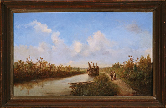 Andres Molinary (Gibraltar/New Orleans, 1847-1915), ‘Le Chemin des Chapitoulas,’ oil on canvas, signed lower right, 18 inches by 30 inches in a period frame, estimate: $25,000-$40,000. Image courtesy of Neal Auction Co.