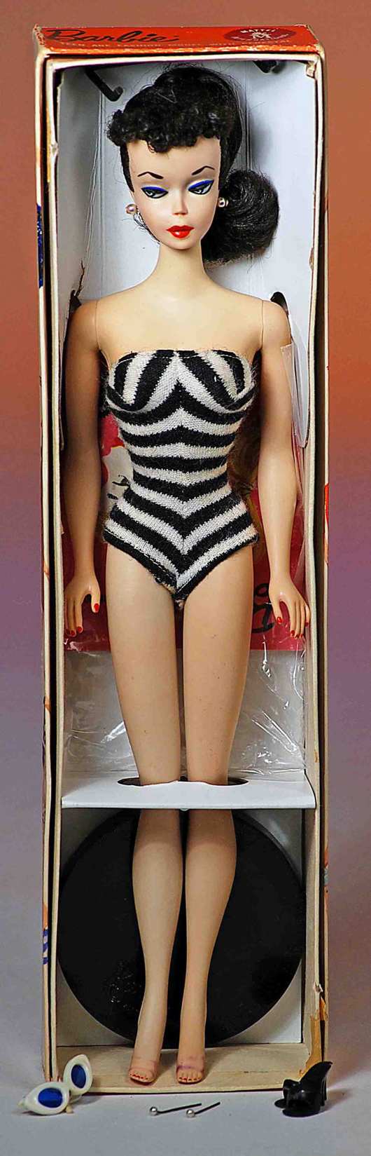 All original Mattel Barbie no. 2, 11 1/2 inches tall, complete 1959 doll, excellent condition in original box. Estimate: $4,000-$5,000. Image courtesy of Frasher’s Doll Auction.