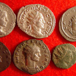 Examples of 3rd century Roman coins: (top row) Elagabalus (silver, 218-222 AD), Trajan Decius (silver, 249-251 AD), Gallienus (billon, 253-268 AD, Asian mint); (bottom row) Gallienus (copper, 253-268 AD), Aurelian (silvered, 270-275 AD), barbarous radiate (copper), barbarous radiate (copper). Image courtesy Maximus Rex.