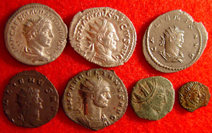 Examples of 3rd century Roman coins: (top row) Elagabalus (silver, 218-222 AD), Trajan Decius (silver, 249-251 AD), Gallienus (billon, 253-268 AD, Asian mint); (bottom row) Gallienus (copper, 253-268 AD), Aurelian (silvered, 270-275 AD), barbarous radiate (copper), barbarous radiate (copper). Image courtesy Maximus Rex.