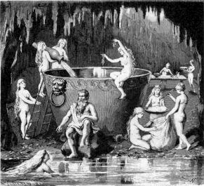 Ale was known in ancient times as "mead." In this 19th-century image from a Swedish translation of the Poetic Edda (Norse mythology), the nine daughters of Aegir and Ran are shown preparing a huge vat of ale.