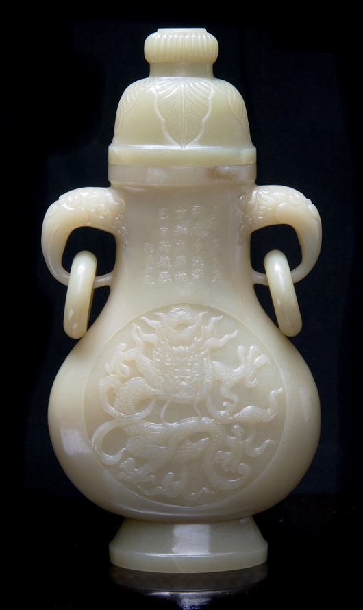 A rare color, this 19th-century yellow jade lidded vase with central dragon relief panel sold for $26,840 in May. Courtesy Leslie Hindman Auctioneers