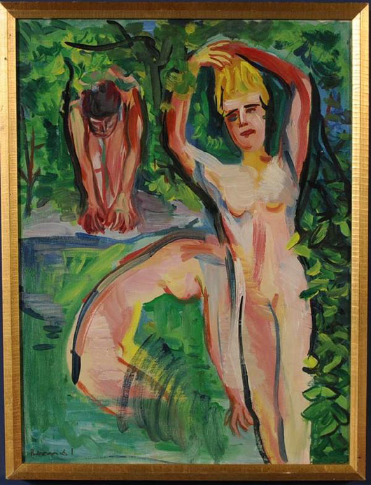 Ben Benn, Bathers, 24 in. by 18 in., dated 1961, est. $1,500-$2,500. Image courtesy LiveAuctioneers.com and Fairfield Auction.