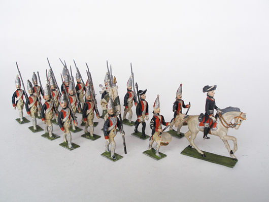 Haffner Frederick the Great and troops, prewar, 21 pieces, $3,186. Old Toy Soldier Auctions image. 