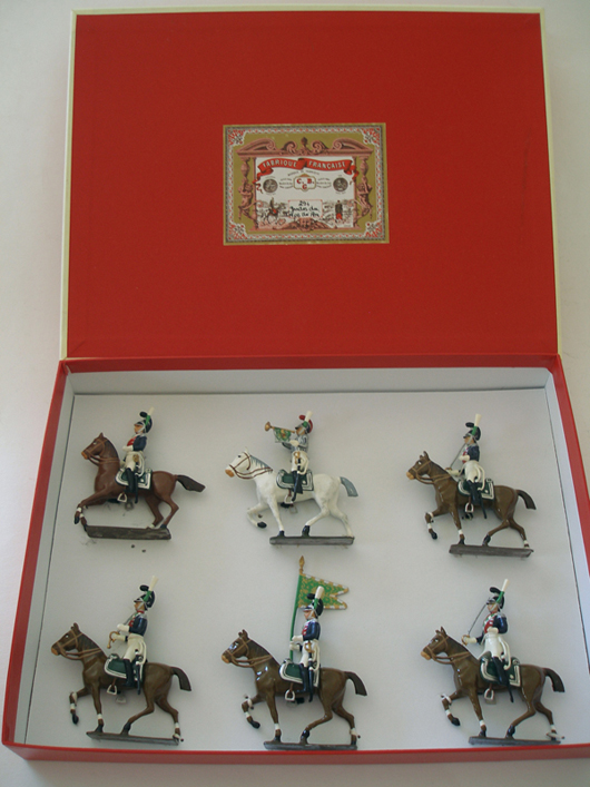 Mignot Set #294, Gardes du Corps du Roi, 6 pieces, original box, $325. Old Toy Soldier Auctions image. 