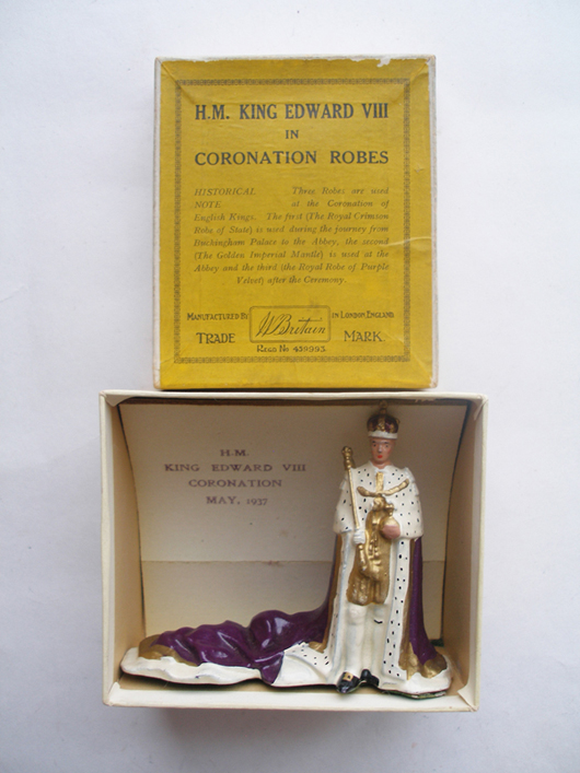 Britains Set #1473, King Edward VIII in Coronation robes, in original box with Marshall Field department store $1 price sticker, $3,422. Old Toy Soldier Auctions image.