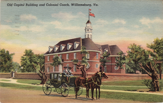 Vintage postcard illustrating the Old Capitol Building and a Colonial coach, Colonial Williamsburg, Virginia.