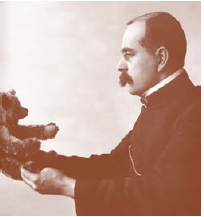 Richard Steiff, inventor of the teddy bear, holds a priceless original from the early 1900s that will be on display at the new Steiff Gallery in Atrium Mall, Chestnut Hill (Boston), Massachusetts. Vintage photo courtesy Steiff USA.