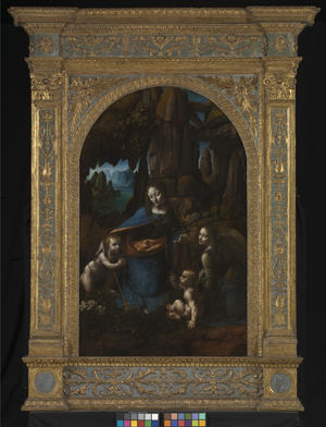 Leonardo da Vinci (1452-1519). The Virgin of the Rocks (The Virgin with the Infant Saint John adoring the Infant Christ accompanied by an Angel), post restoration, with frame, about 1491-1508. Oil on wood. 189.5 x 120 cm. Bought, 1880. © National Gallery, London.