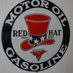 Red Hat Motor Oil double-sided porcelain sign, 32 inches, rated 8 and 7.5, great color and gloss. Image courtesy Matthews Auctions.