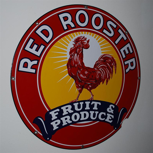 Red Rooster Fruit & Produce single-sided porcelain sign with great graphic, 36 inches, rated 8.9. Image courtesy Matthews Auctions.
