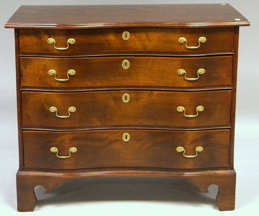 Birch serpentine four-drawer chest. Estimate $2,000-$3,000. Image courtesy LiveAuctioneers.com and Skinner Inc. 