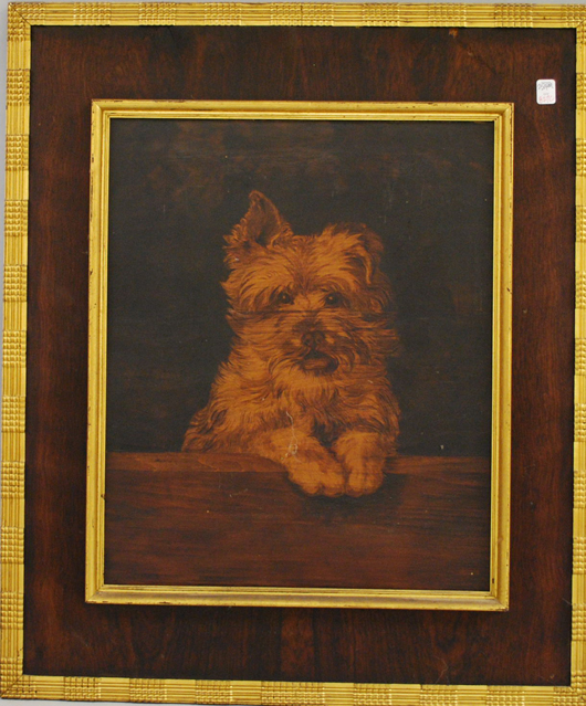 Parcel-gilt and rosewood veneer framed 19th-century pyrographic portrait of a small dog on board, signed on verso "Ball Hughes, 1865." Estimate $300-$500. Image courtesy LiveAuctioneers.com and Skinner Inc.