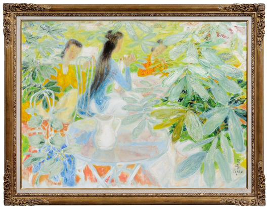 The Schulmans purchased The Garden Party by Le Pho from Wally Findlay Gallery. The 38 inch by 51-1/8 inch painting in its original carved and gilt wood frame sold to a phone bidder for $21,850 (est. $15,000-$25,000).