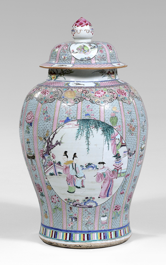 Exceeding 32 inches in height, this monumental Chinese lidded jar from the Schulman collection was the top Asian art lot at $25,300.