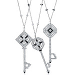 Tiffany Diamond and Black Onyx Key Pendants (from left): Tiffany Diamond and Black Onyx Square Key Pendant set in platinum, Tiffany Diamond and Black Onyx Octagonal Key Pendant set in platinum, Tiffany Diamond and Black Onyx Weave Key Pendant set in platinum. Prices left to right: available upon request, $25,000, $25,000. © Tiffany & Co.