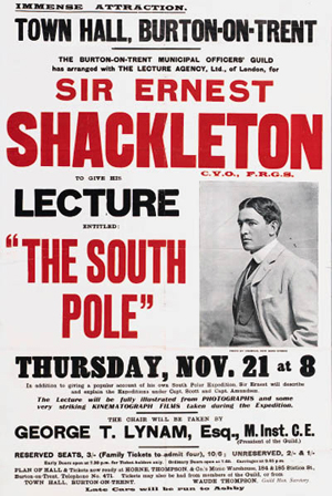 1913 poster promoting lecture tour of South Pole explorer Sir Ernest Shackleton.