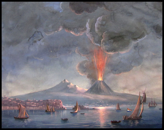 Italian School gouache, view of the Bay of Naples with erupting Mount Vesuvius, 19th century. Image courtesy of William Jenack Estate Appraisers and Auctioneers.