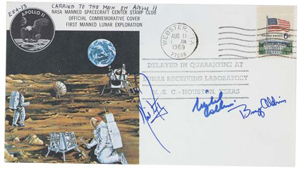 The postmark on this 1969 space-flown Apollo 11 commemorative postcard makes it especially desirable to collectors, as the Webster, Texas post office is the one that handles NASA's mail. Auctioned for $17,000 on Nov. 9, 2004. Image courtesy of LiveAuctioneers.com Archive and Swann Auction Galleries.