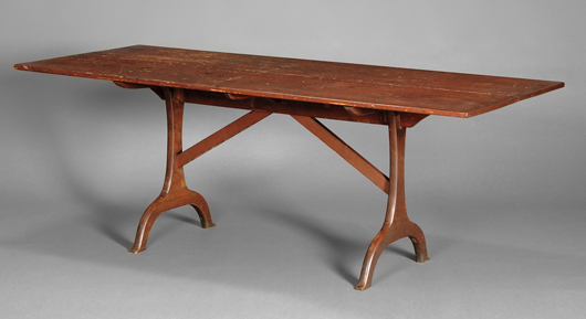 Shaker trestle table, painted cherry and pine, probably Harvard, Mass., circa 1830, old surface, (alterations), estimate $3,000-$5,000. Image courtesy of Skinner Inc.