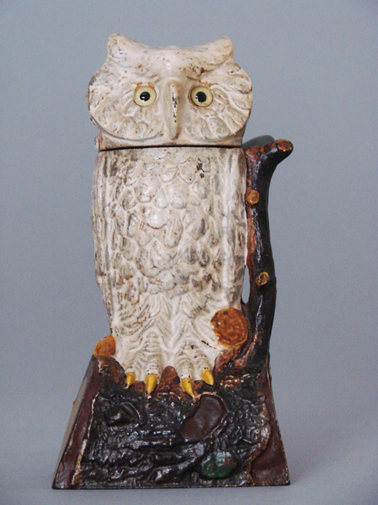 J. & E. Stevens Owl Turns Head cast-iron mechanical bank, circa 1880, $23,085. RSL Auction image.