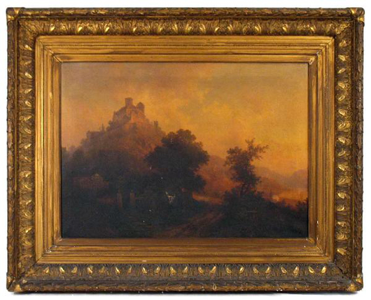 This Continental School oil on canvas landscape with castle is initialed ‘C.W.’ It is 24 1/2 inches high by 35 inches wide and estimated at $400-$800. Image courtesy of Stephenson’s Auctioneers & Appraisers.