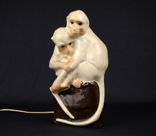 The famed Wiener Workstatte in Austria produced this ceramic double monkey figural lamp. The table lamp stands 12 3/4 inches high and is estimated at $400-$800. Image courtesy of Stephenson’s Auctioneers & Appraisers.