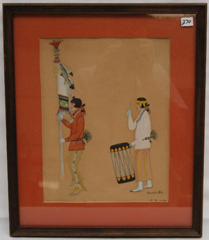San Ildefonso watercolor of drummer, signed Tonita Pena, 1920s, 12 inches by 9 1/2 inches. Estimate: $1,000-$2,000. Image courtesy of R.G. Munn Auctions.