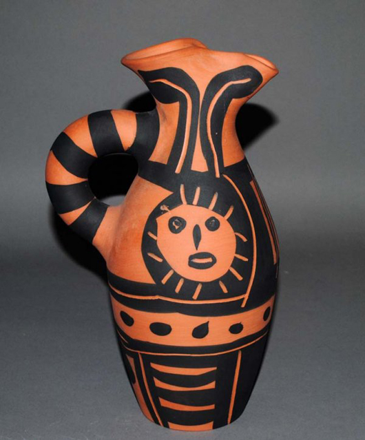Eleven pieces of Picasso pottery are offered in the auction including this ‘Yan Soleil’ pitcher. The 10 5/8-inch-tall vessel is numbered 264/300 and bears the Edition Picasso and Madoura Pottery stamp. It has a $5,000-$7,000 estimate. Image courtesy of Auction Gallery of the Palm Beaches.