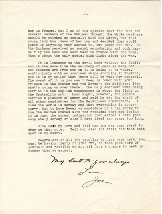 Letter from Ambassador Joseph P. Kennedy to FDR’s primary personal secretary Marguerite “Missy” LeHand, Oct, 3, 1939. A month after the outbreak of World War II in Europe, Kennedy wrote this letter to LeHand, who was also a personal friend, describing his views on the war, the social scene in London following the outbreak, and the loneliness of serving abroad without his family. Images accompanying this article are  courtesy of The National Archives.